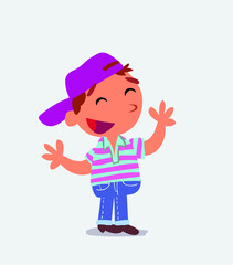 Pleased cartoon character of little boy on jeans explaining something.