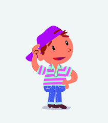 Thoughtful cartoon character of little boy on jeans scratching his head.