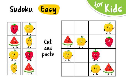 Sudoku kids game. Cut and paste the pictures. Cute fruit characters.