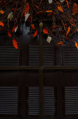 red leaves on a wooden window, photo in the afternoon