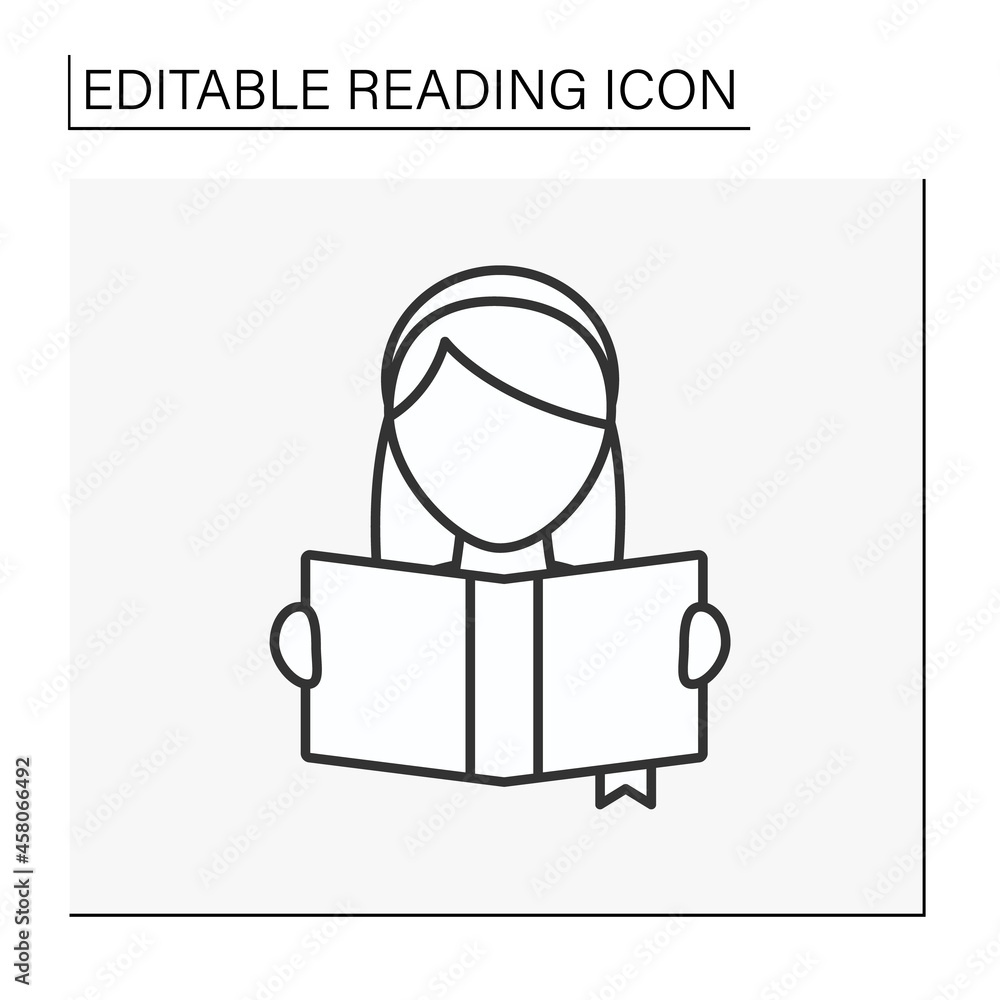 Poster reading line icon. schoolgirl has a book. process of acquiring skills and knowledge. lesson. reading