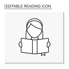 Reading line icon. Schoolgirl has a book. Process of acquiring skills and knowledge. Lesson. Reading concept. Isolated vector illustration. Editable stroke