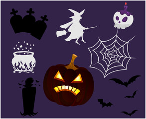 Objects Halloween Background Vector Pumpkin Tomb with Spider Bat