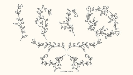 Set Geometric floral frames, borders, wreaths Trendy Line drawing, line art style isolated background , Vector illustration EPS 10