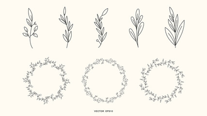 Set  floral frames, borders, wreaths Trendy Line drawing, line art style isolated background , Vector illustration EPS 10
