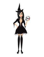 Beautiful sexy witch in black dress - illustration isolated from background
