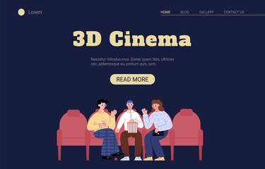 3D cinema web banner with people watching movie, flat vector illustration.