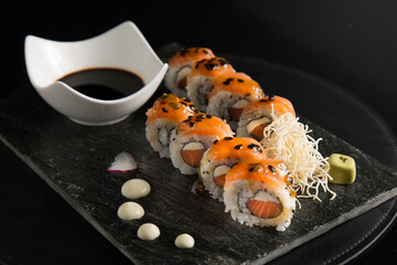 Pasion Fruit gourmet plate of sushi.