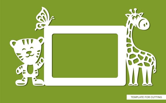 Horizontal rectangular photo frame with animals. Children's cartoon style. Silhouette of funny giraffe, cute tiger and butterfly. Place for text, copy space. Vector template for plotter laser cutting.