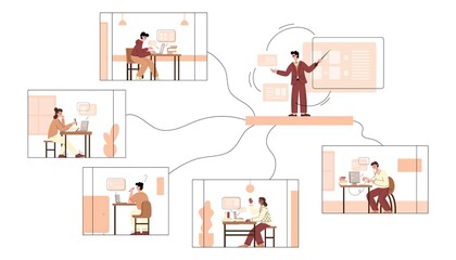 Students and teacher in virtual classrooms, flat vector illustration isolated.