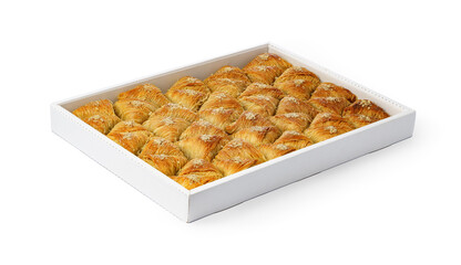 Assortment of Turkish baklava dessert in a white box isolated on white