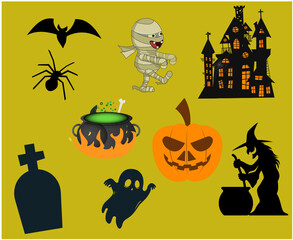 Fototapeta premium Abstract Halloween Objects Ghost Bat Vector Pumpkin Ghost with Spider castle