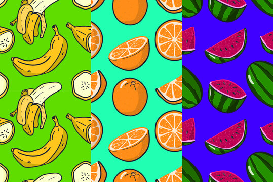 paquete de vectores de frutas, banano, naranja, sandía, patron frutal colores