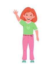 Girl smiling and waving hand. Elementary school student. Vector illustration