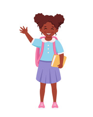 Black girl with backpack and book going to the school. Girl smiling and waving hand. Elementary school student. Vector illustration