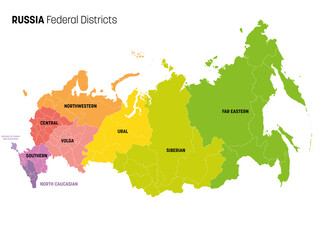 Colorful political map of Russia, or Russian Federation. Federal subjects - republics, krays, oblasts, cities of federal significance, autonomous oblasts and autonomous okrugs, divided by color into - obrazy, fototapety, plakaty