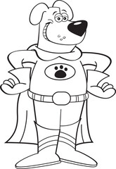 Black and white illustration of a smiling dog wearing a super hero costume.