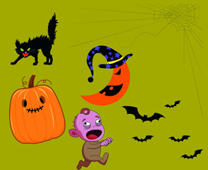 Abstract Pumpkin Objects Halloween Day 31 October Party Design with Cat Bat Black