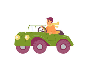 Child driving vintage cabriolet car, flat vector illustration isolated on white.