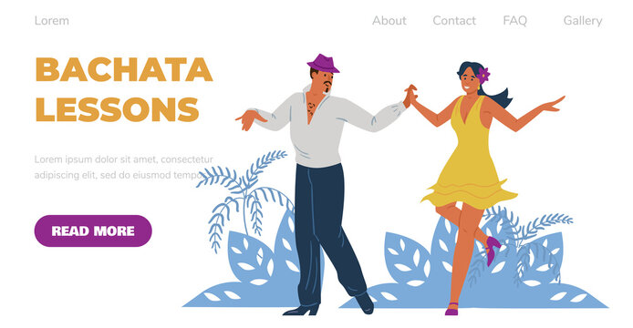 Bachata dance lessons and classes website layout flat vector illustration.