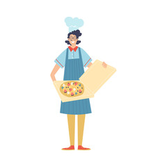 Cook or delivery man of restaurant with pizza flat vector illustration isolated.