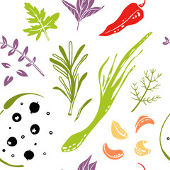 Seamless pattern with vegetables. Colorful paper cut collection of vegetables and herbs isolated on white background. Doodle hand drawn vector illustration