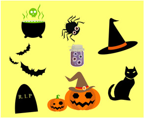 Obraz premium Objects Pumpkin Cat Halloween Day 31 October Party Design with Bat Black