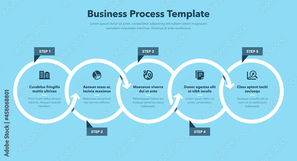 Poster modern business process template with five steps - blue version. easy to use for your website or pre