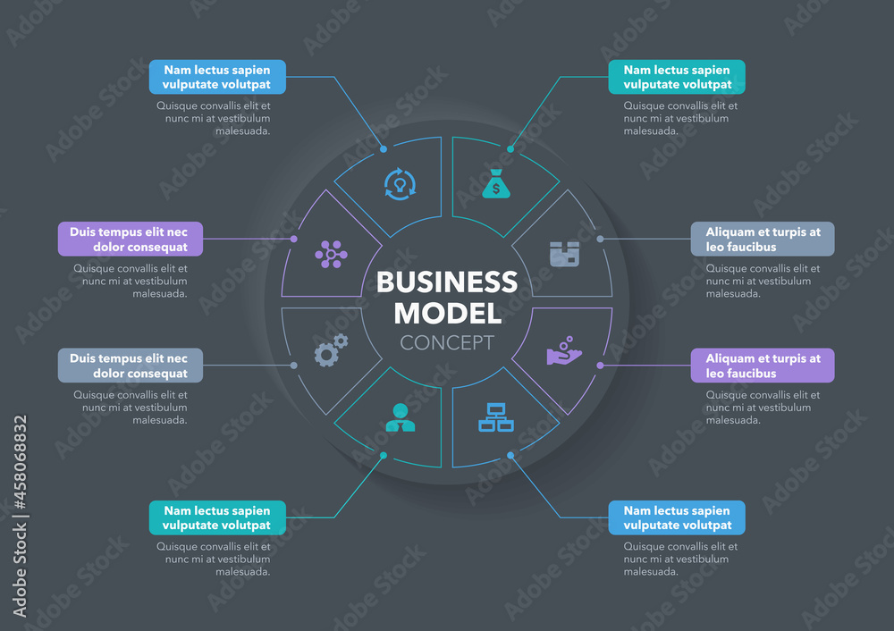 Poster Modern concept for business model diagram with eight steps and place for your description - dark version. Flat infographic design template for website or presentation.