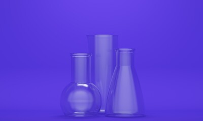 Chemical glass empty flasks on a lilac background. Science concept. 3d rendering