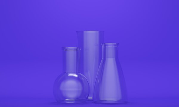Chemical glass empty flasks on a lilac background. Science concept. 3d rendering