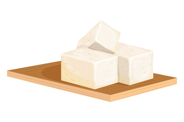 Pieces of tofu soy bean curd cheese on wooden board, cutting desk in cartoon style isolated on white background. Vegetarian protein, nutrition food, ingredient.