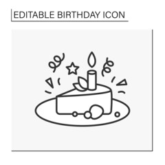 Cake line icon. Tasty birthday sweet cheesecake with one candle.Party. Birthday concept. Isolated vector illustration. Editable stroke