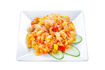 vietnamese cuisine, udon wok with seafood, on a white isolated background, top