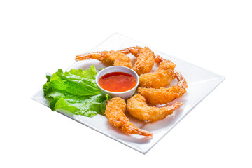 vietnamese cuisine, a plate of white tempura shrimp in batter on a lettuce leaf, on a white...