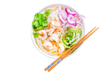 vietnamese cuisine, a plate of pho soup with chicken, on a white isolated background, top