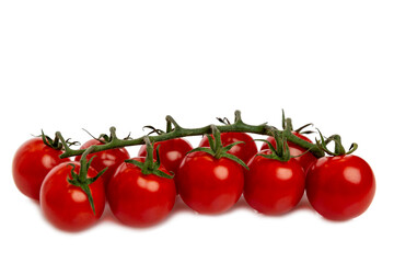 Red cherry tomatoes on a branch. Vitamins and be healthy by nature. Isolated on white background. Close-up. Space for text.