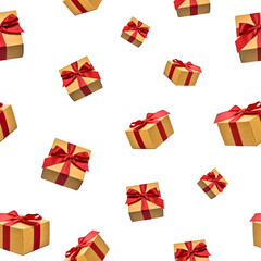 seamless background of isolated on a white background levitating gifts with a red ribbon and from craft paper. Natural products. Christmas, birthday or New Year's gift. Sale
