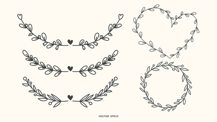 Set Geometric floral frames, borders, wreaths Trendy Line drawing, line art style isolated background , Vector illustration EPS 10