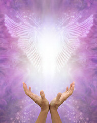 Asking for Angel Healing Message Background - Female hands cupped upwards towards beautiful Angel...