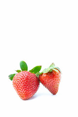Two strawberries isolated on white background with copy space. Fruit  have high vitamins.