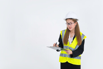 Fototapeta premium Beautiful asian Engineer woman Wear a suit, glasses and wearing a helmet on white background,Thailand people