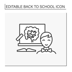 Biology lesson line icon. Schoolboy learn anatomy due presentation on blackboard. Education concept. Isolated vector illustration. Editable stroke