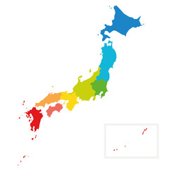 Colorful political map of Japan divided into regions by color. Simple flat blank vector map