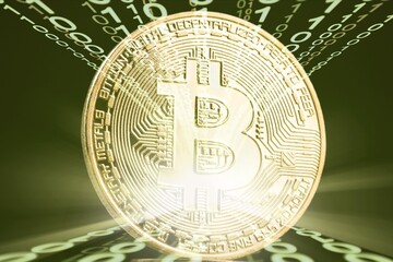 Bitcoin with technology binary code.  Digital data and numbers 0 and 1.