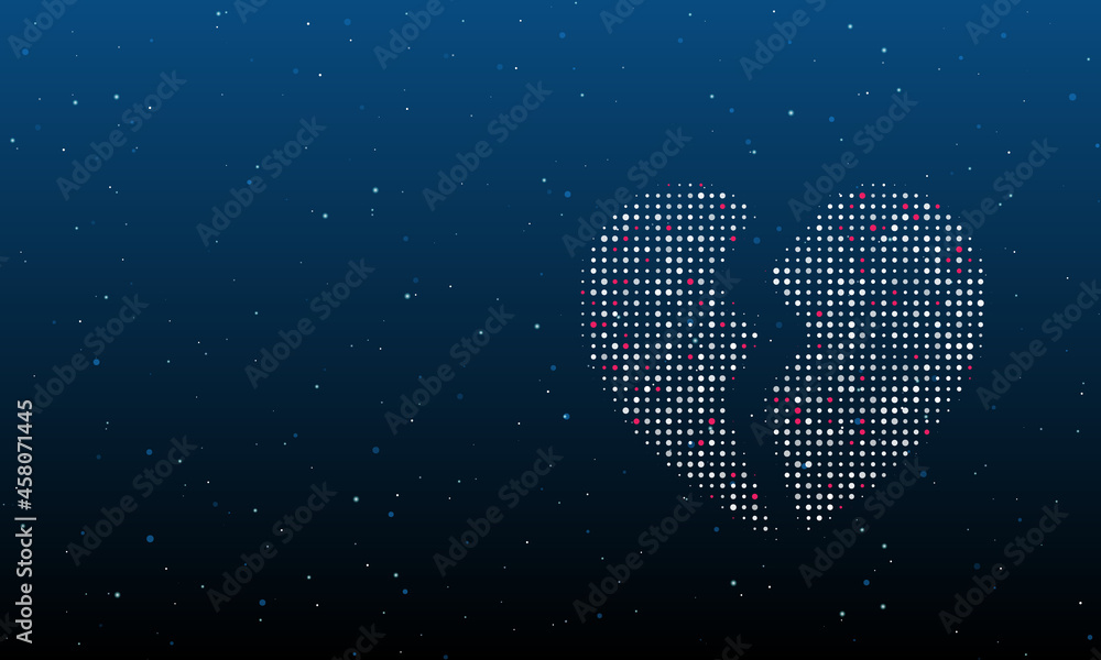 Poster on the right is the broken heart symbol filled with white dots. background pattern from dots and cir