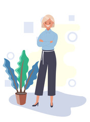 A business woman in a suit with her hands folded on her chest. Vector illustration.