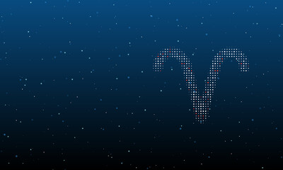 On the right is the zodiac aries symbol filled with white dots. Background pattern from dots and circles of different shades. Vector illustration on blue background with stars