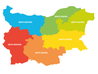 Colorful political map of Bulgaria divided by color into regions. Simple flat vector map with labels.