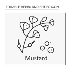 Obraz premium Mustard line icon. Hot-tasting seasoning.Strong-smelling and strong-tasting herb for cooking. Additional flavor for food. Herbs and spices concept. Isolated vector illustration. Editable stroke